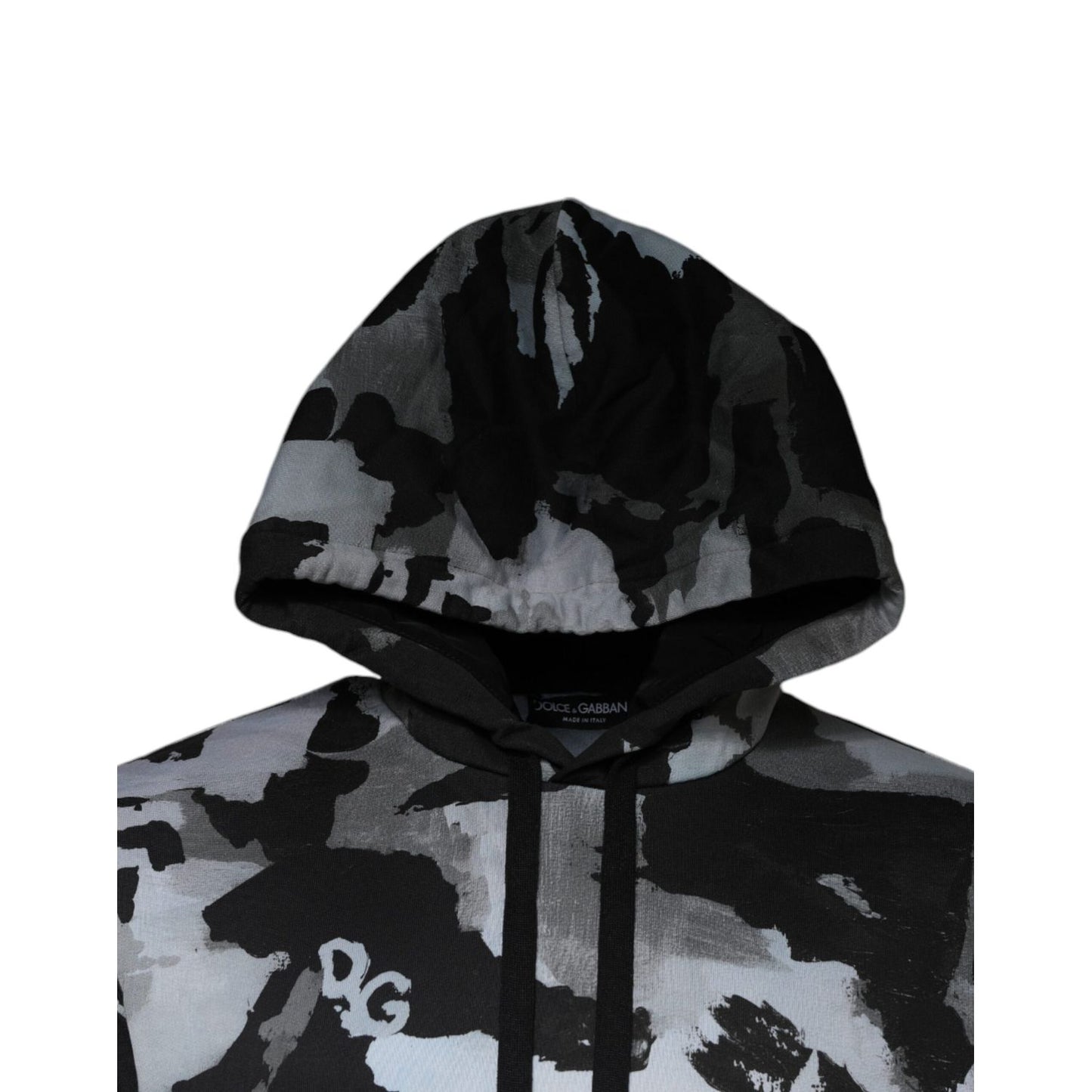 Dolce & Gabbana Multicolor Camouflage Men Hooded Sweater, black and gray pattern, featuring subtle logo details.