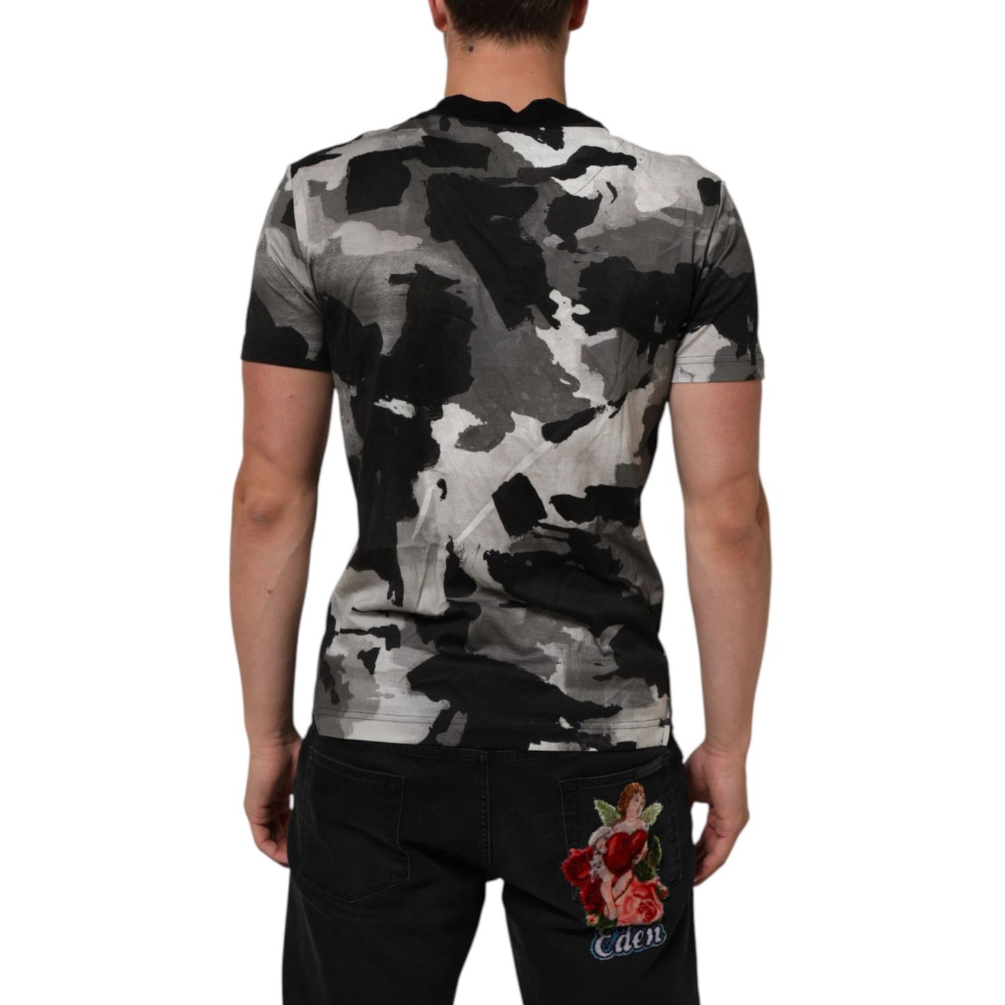 Back view of Dolce & Gabbana Multicolor Camouflage Men Short Sleeves T-shirt in black and white print on male model.