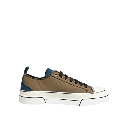 Side view of Dolce & Gabbana Multicolor Cotton Logo Low Top Sneakers Shoes with lace-up closure and rubber sole on white background.