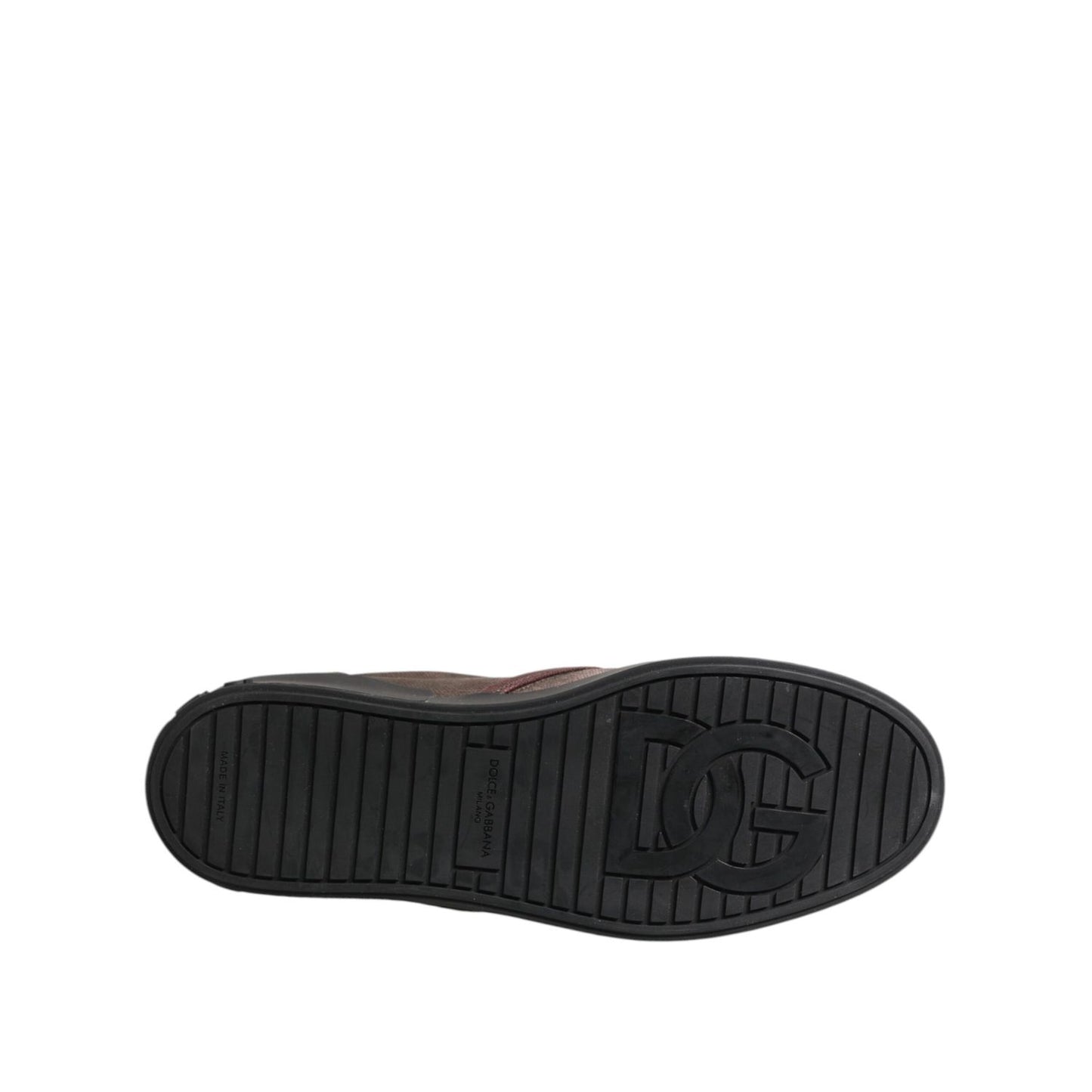 Sole view of Dolce & Gabbana Multicolor Cotton Low Top Slip On Men Sneakers Shoes highlighting designer logo on outsole.