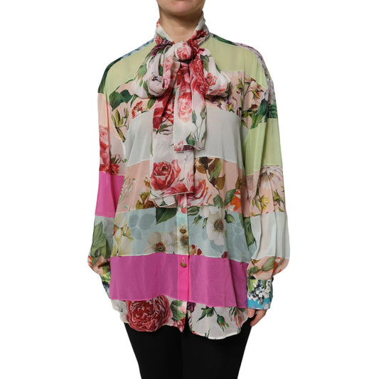 Dolce & Gabbana Multicolor Floral Patchwork Ascot Collar Top showcasing vibrant floral patterns and elegant ascot collar design.