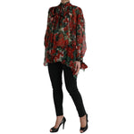Dolce & Gabbana Multicolor Floral Silk Collar Blouse with long sleeves, featuring a red and green floral design, button closure, and logo details.
