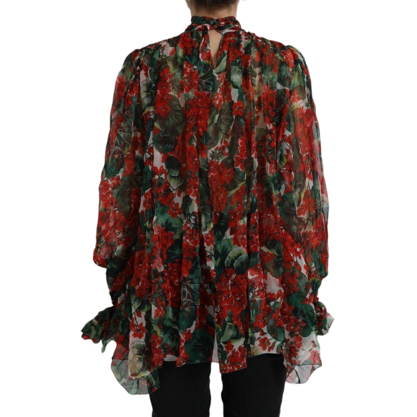 Dolce & Gabbana Multicolor Floral Silk Collar Blouse with red and green floral design, made of 100% silk, featuring button closure.