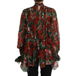 Dolce & Gabbana Multicolor Floral Silk Collar Blouse with red and green floral design, made of 100% silk, featuring button closure.