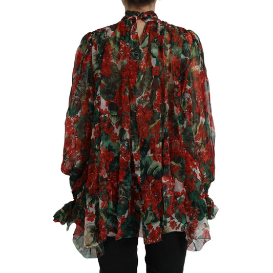 Dolce & Gabbana Multicolor Floral Silk Collar Blouse with red and green floral design, made of 100% silk, featuring button closure.