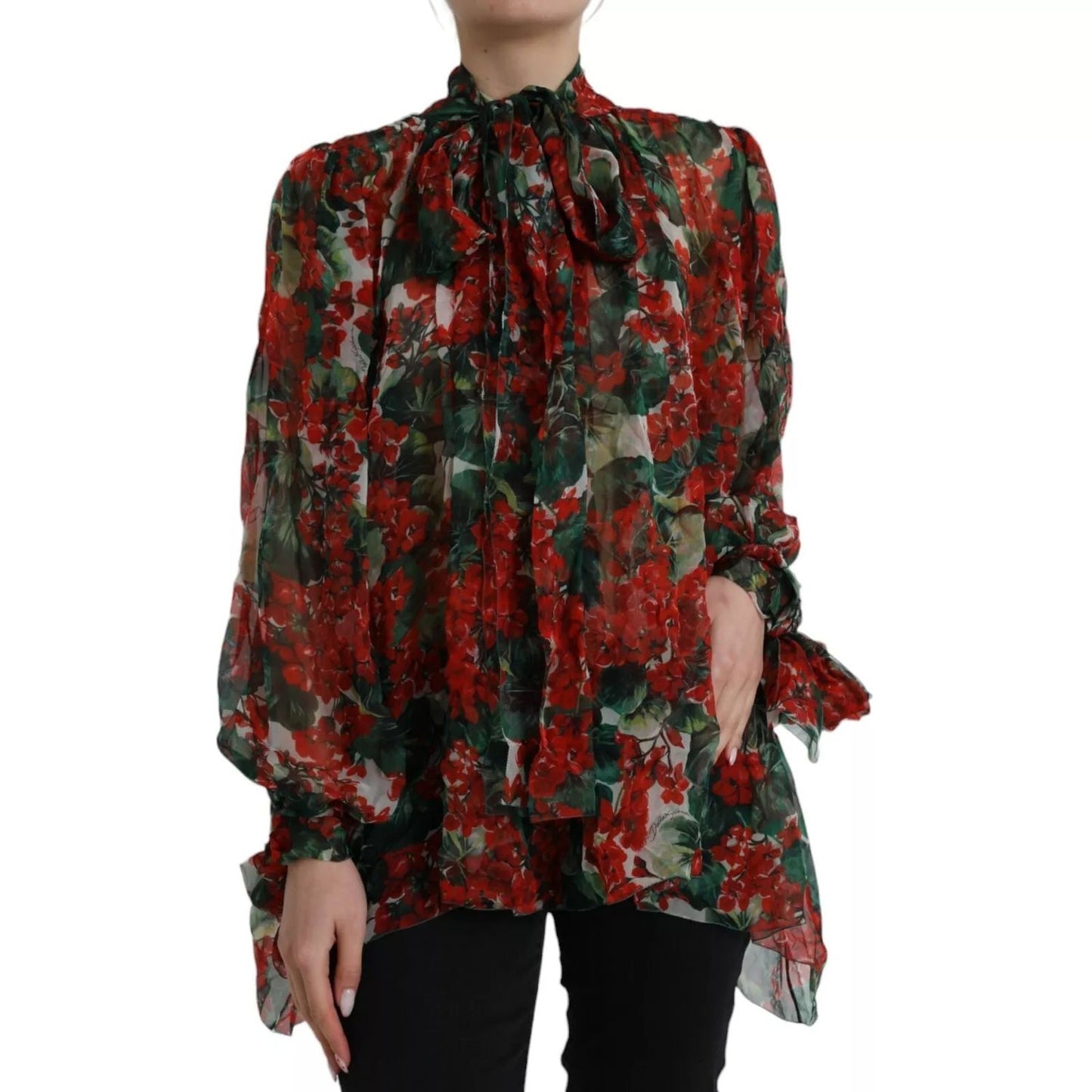 Dolce & Gabbana Multicolor Floral Silk Collar Blouse with long sleeves and ascot design made from 100% silk, featuring a red and green pattern.