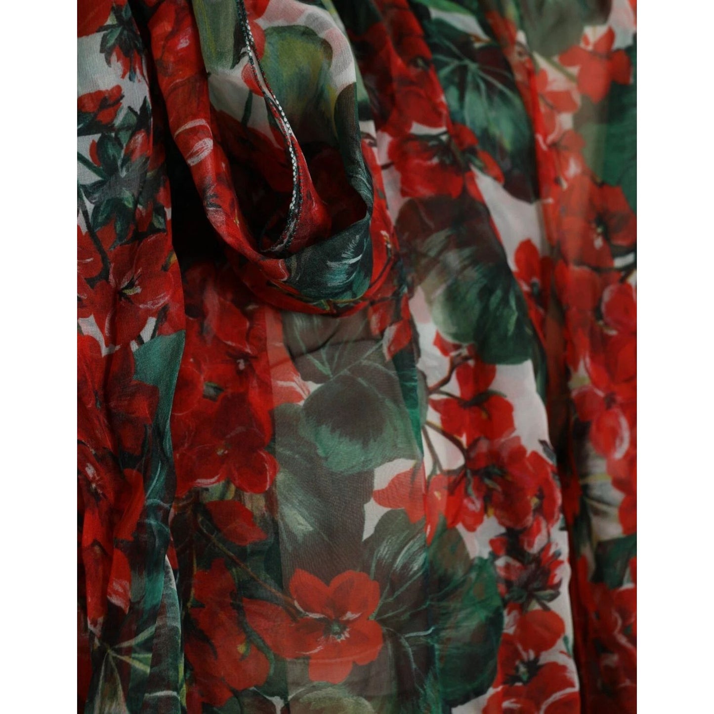 Dolce & Gabbana Multicolor Floral Silk Collar Blouse with red and green floral pattern, close-up of luxurious silk fabric.