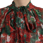 Dolce & Gabbana Multicolor Floral Silk Collar Blouse with red and green floral pattern, featuring an ascot collar, button closure, 100% silk.