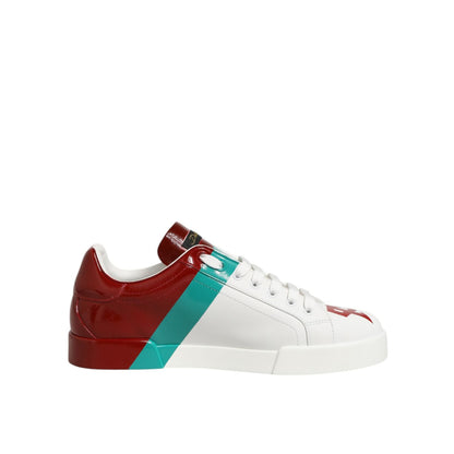 Dolce & Gabbana Multicolor Leather Logo Low Top Sneakers Shoes in red, teal, and white leather with lace-up design.