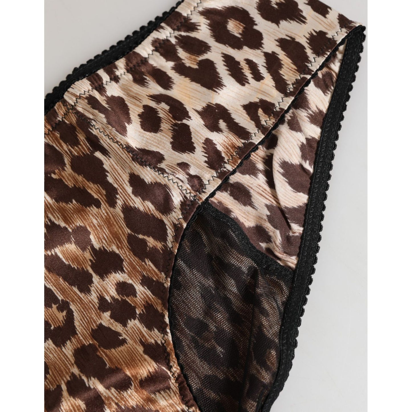 Close-up of Dolce & Gabbana Multicolor Leopard Print Girdle Panty Underwear with soft elastic trim, showcasing the bold leopard pattern.