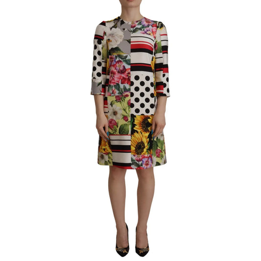 Dolce & Gabbana Multicolor Pachwork Charmeuse Floral Shift Dress on model, featuring vibrant patchwork and floral prints.