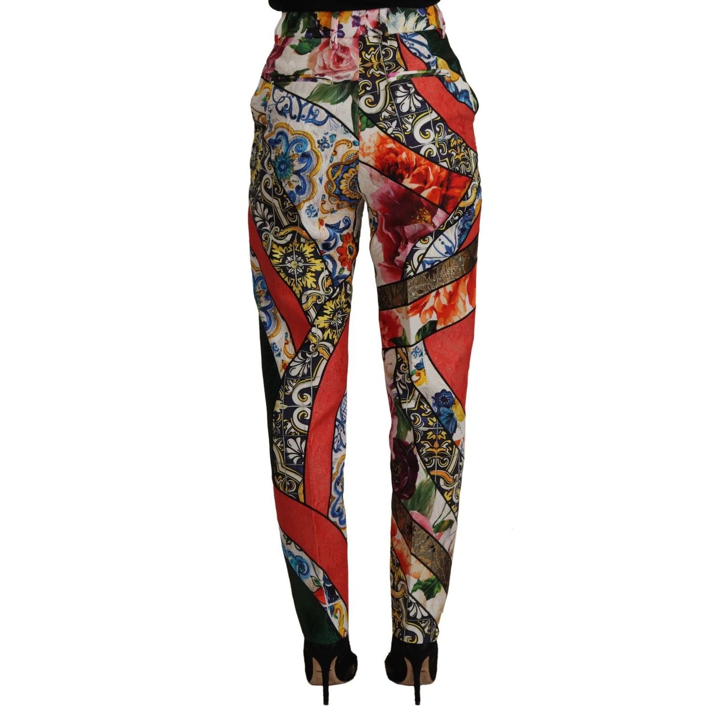Dolce & Gabbana Multicolor Patchwork Jacquard High Waist Pants with floral, majolica, carretto prints, zipper closure, Italian made.
