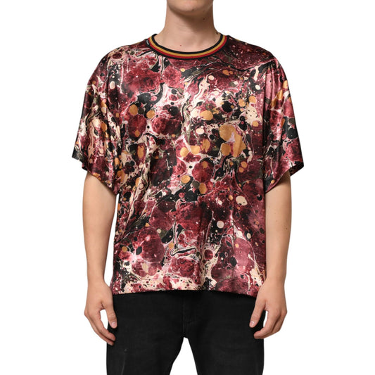 Dolce & Gabbana Multicolor Polyester Marble Print Oversize T-shirt with abstract design in shades of red, black, cream, and gold.