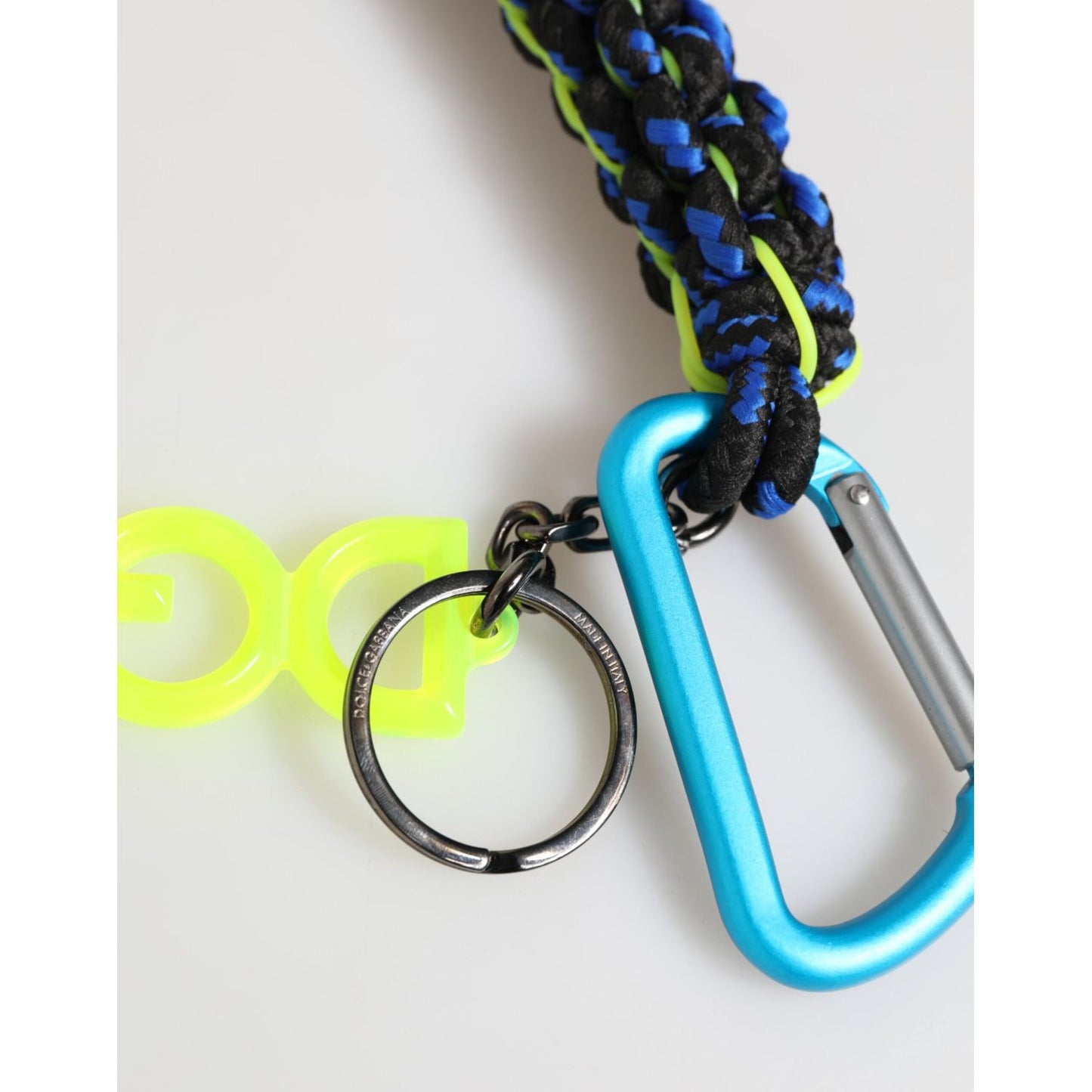 Dolce & Gabbana Multicolor Polyester Tape String DG Logo Keychain Keyring with blue carabiner and neon DG logo details.