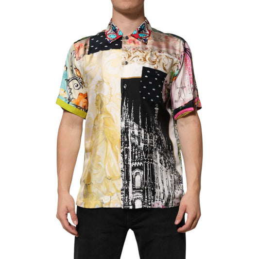 Dolce & Gabbana Multicolor Printed Button Down Casual Shirt in silk with artistic design, front view, worn by model
