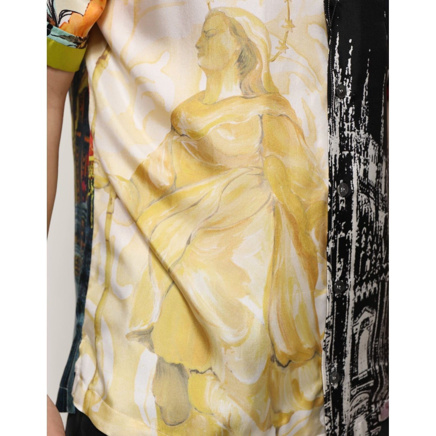 Detailed view of Dolce & Gabbana Multicolor Printed Button Down Casual Shirt featuring artistic design and silk material.