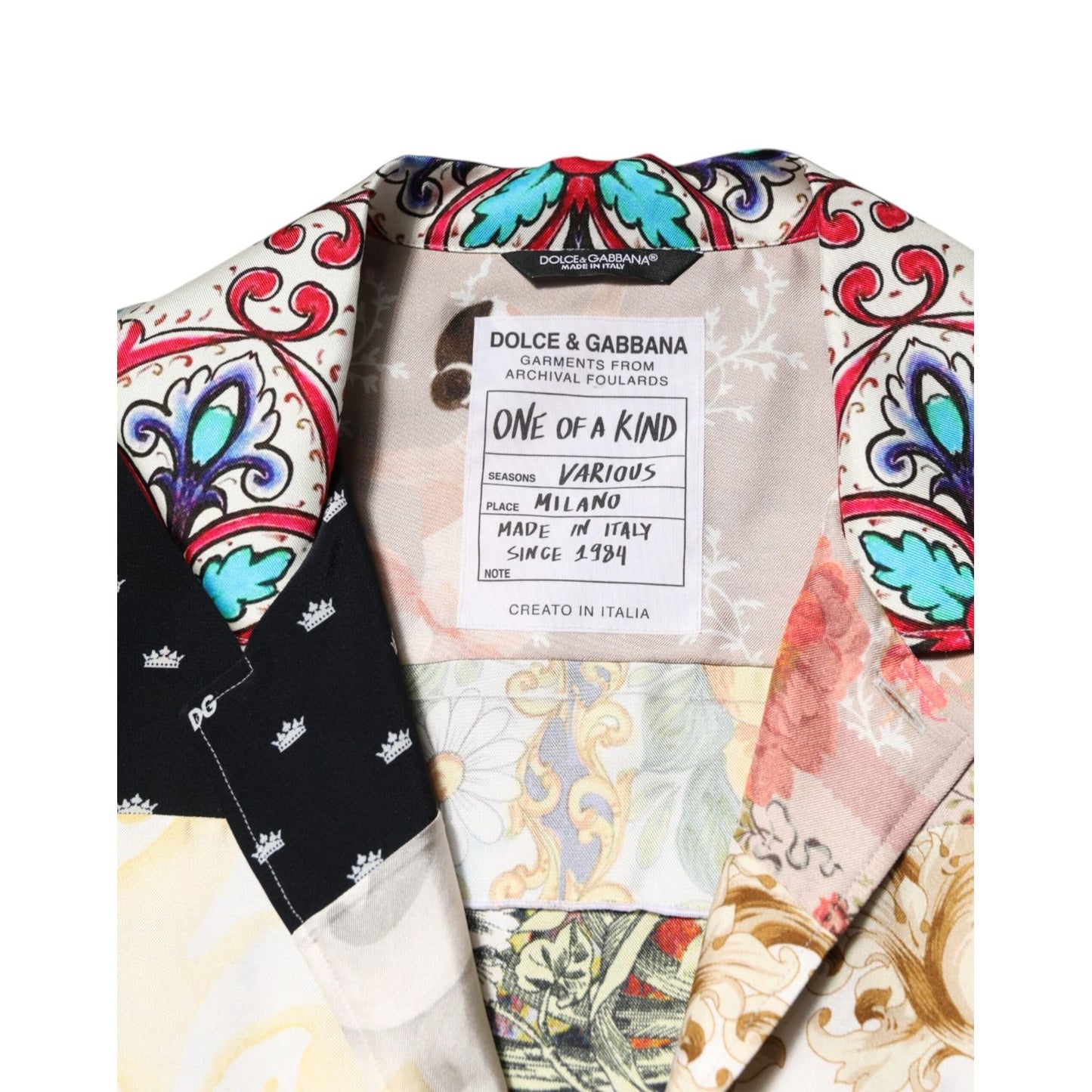Close-up of Dolce & Gabbana Multicolor Printed Button Down Casual Shirt with unique label and vibrant patterns