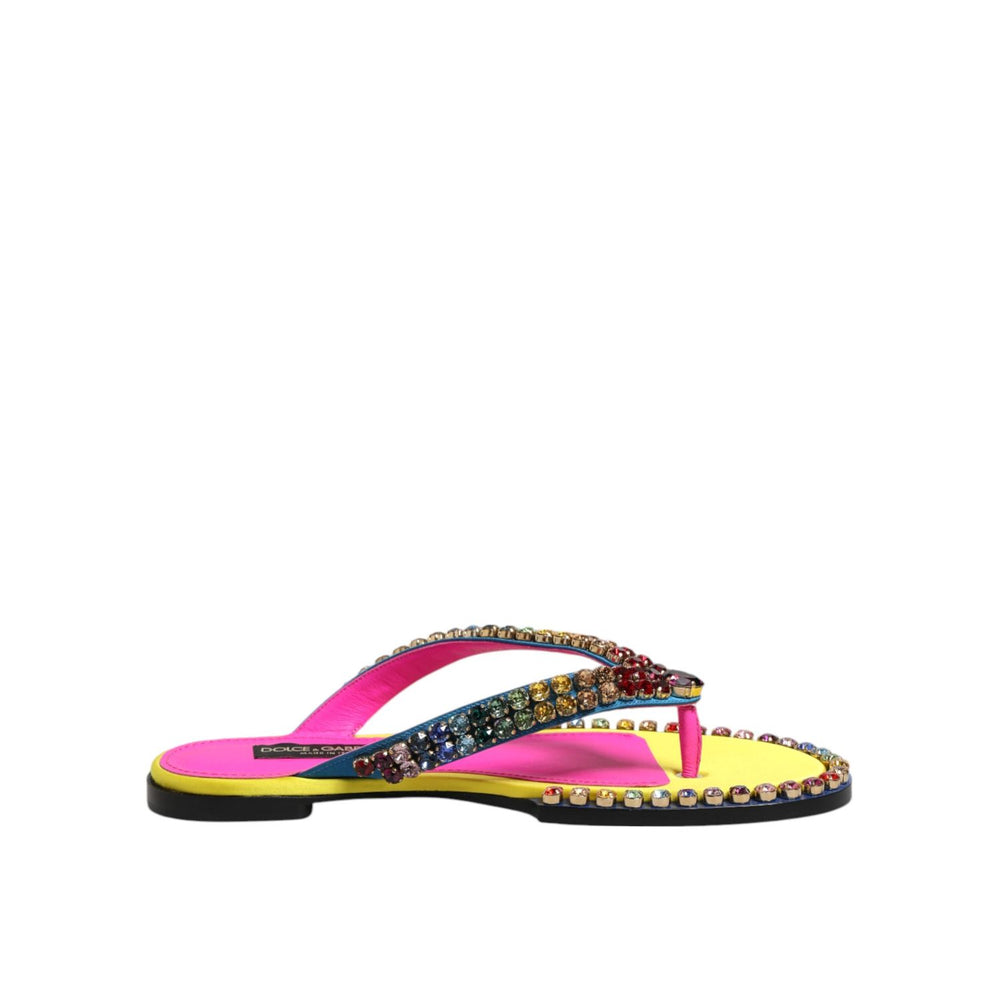 Dolce & Gabbana Multicolor Rhinestone Flip Flop Flat Sandals Shoes with crystal embellishments and calf leather, side view.