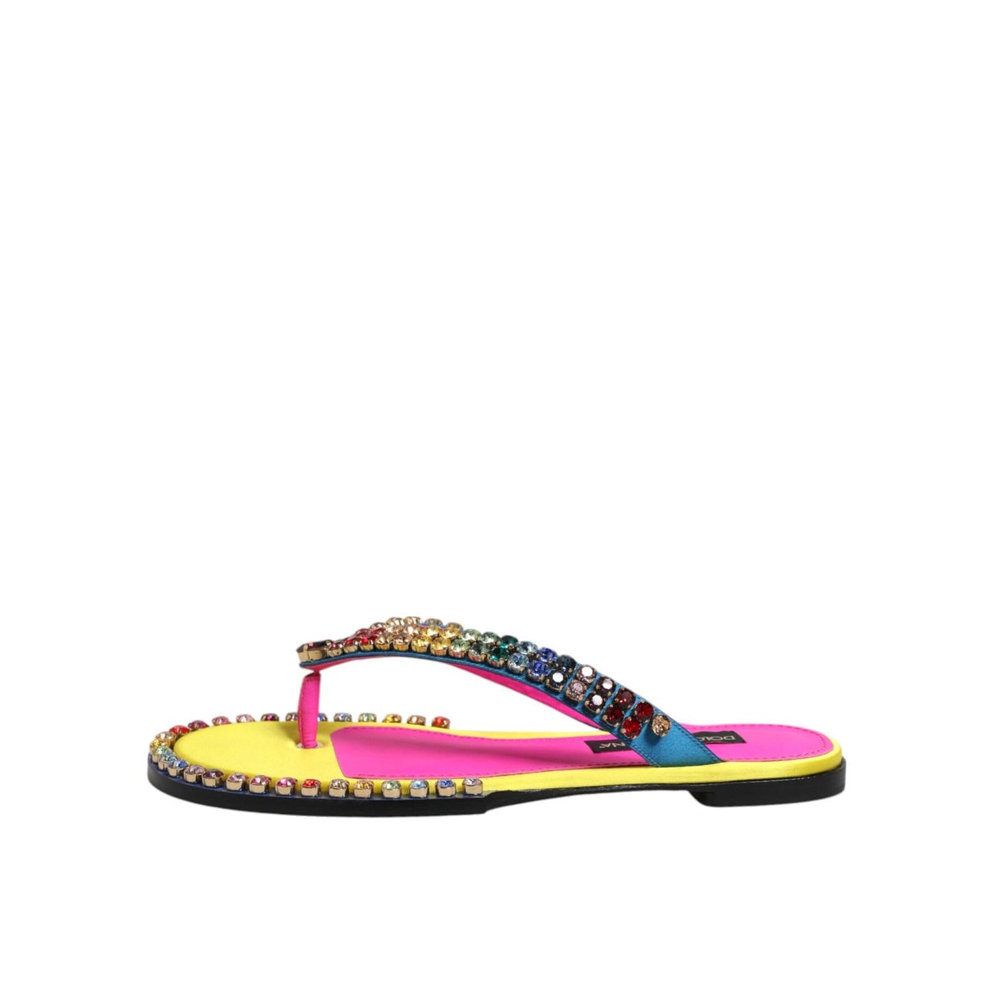 Dolce & Gabbana Multicolor Rhinestone Flip Flop Flat Sandals Shoes with crystal embellishments and multicolor calf leather design.
