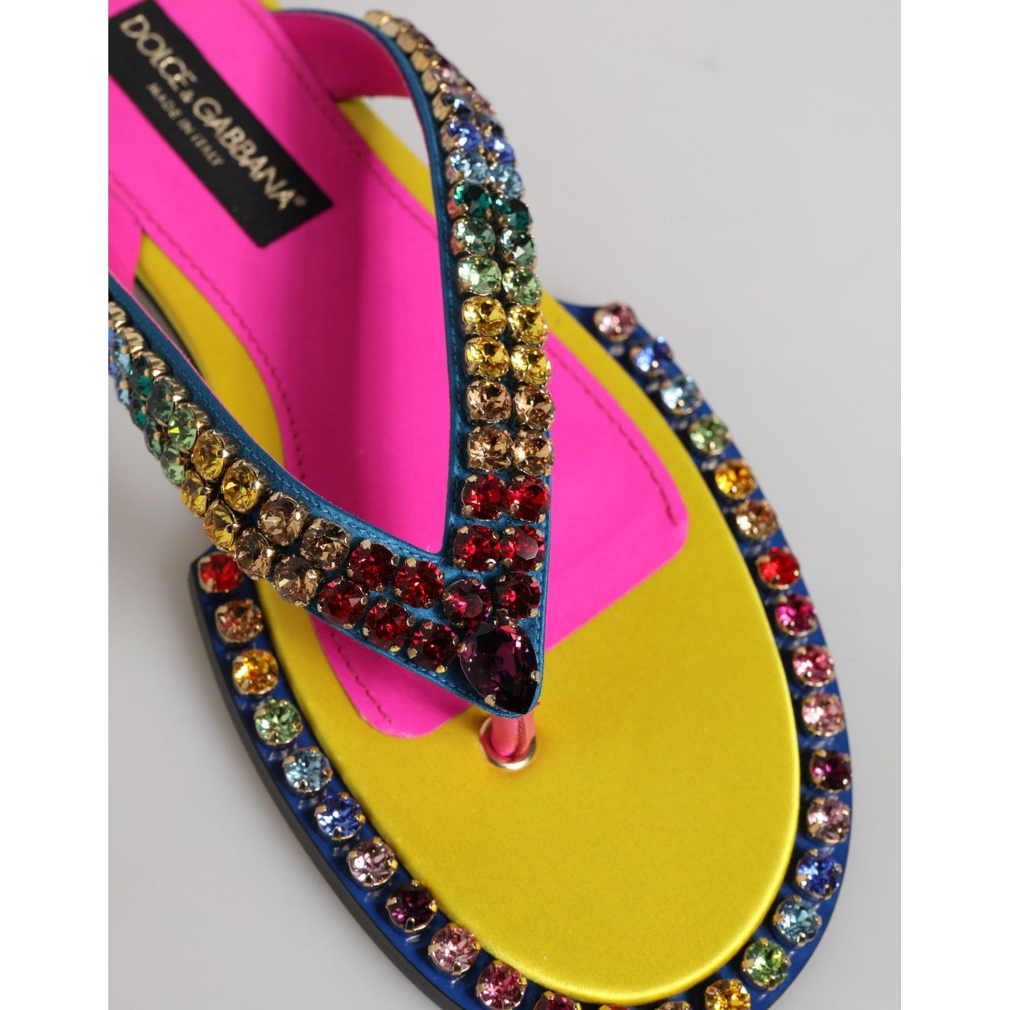 Dolce & Gabbana Multicolor Rhinestone Flip Flop Flat Sandals Shoes with crystal embellishments, made of 100% calf leather.