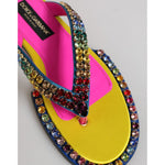 Dolce & Gabbana Multicolor Rhinestone Flip Flop Flat Sandals Shoes with crystal embellishments, made of 100% calf leather.