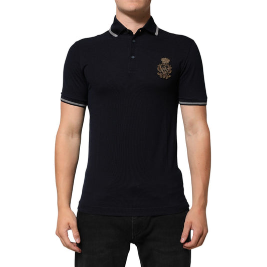 Dolce & Gabbana Navy Blue Cotton Crown Crest Logo Men T-Shirt with ribbed collar and gold embroidered DG crest logo on chest.