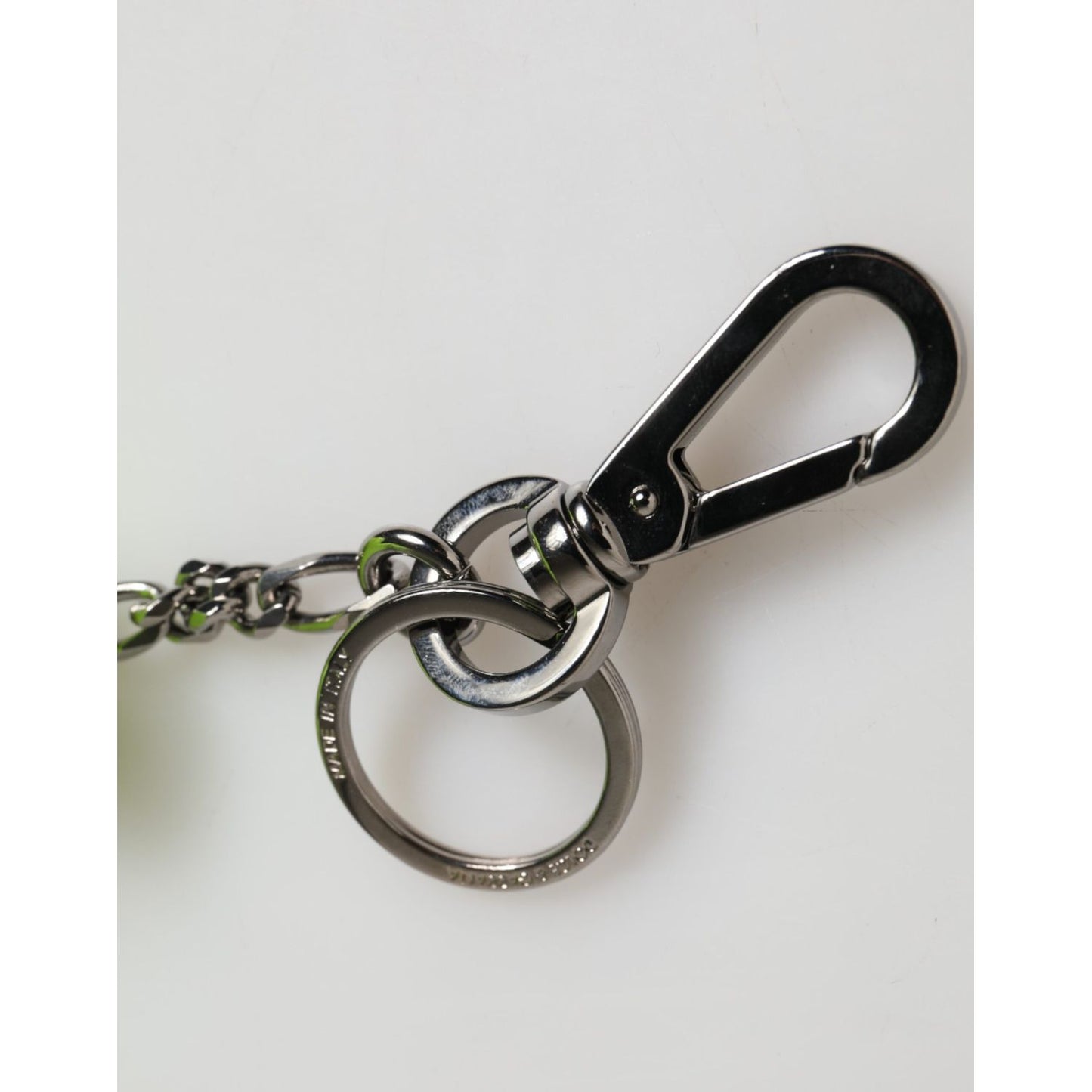 Dolce & Gabbana Neon Green Bear Embroidered Logo Men Keychain Clasp Keyring with metal hardware and keyring attachment.