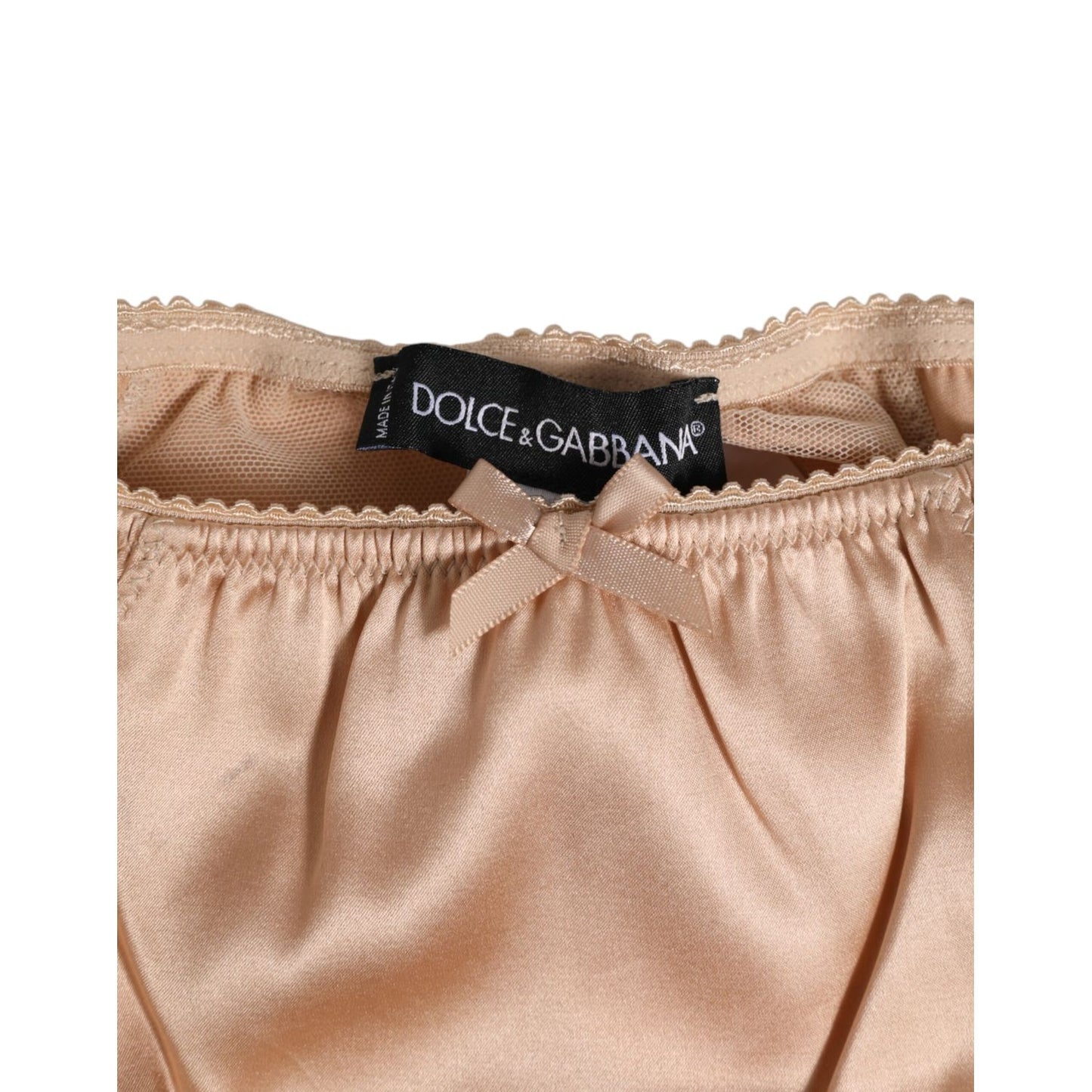 Dolce & Gabbana Nude Beige Silk Satin Bow Lace Trim Underwear with logo details and delicate lace trim.