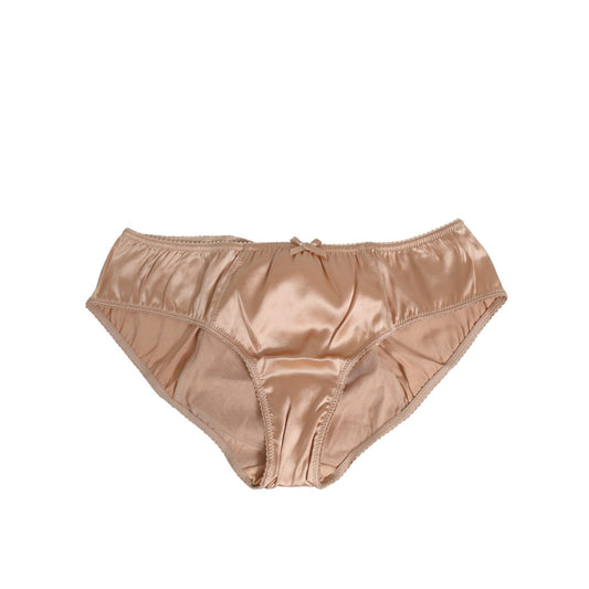 Dolce & Gabbana Nude Beige Silk Satin Bow Lace Trim Underwear for women, featuring elegant lace detailing and a delicate front bow.