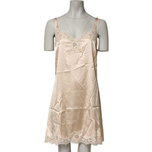 Dolce & Gabbana Nude Chemise Lingerie Silk Blend Lace Trim Dress in cream with lace details, crafted from luxurious silk blend.