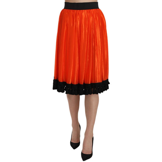 Dolce & Gabbana Orange High Waist Knee Length Skirt with black trim, zipper closure, and logo detail, 84% Nylon, 16% Silk, Made in Italy.