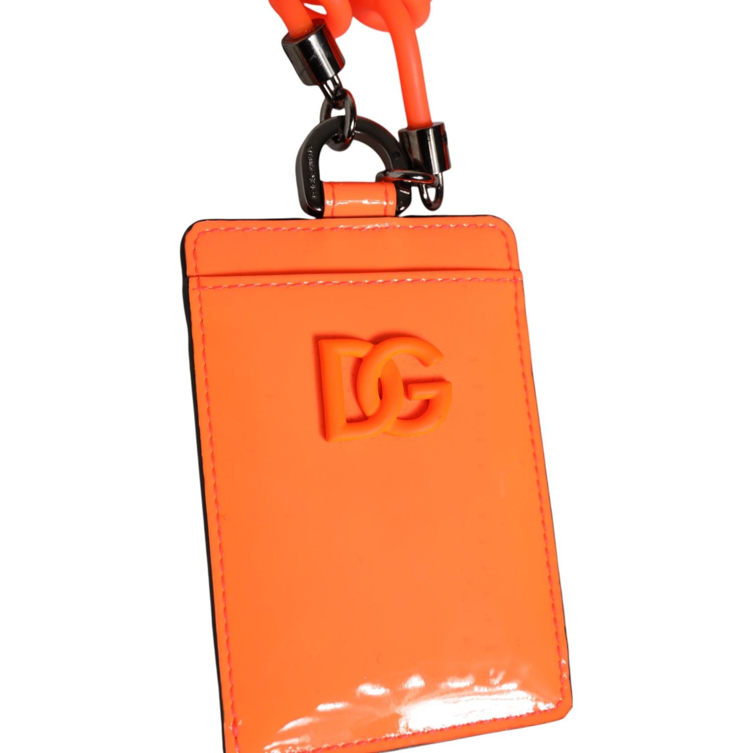 Dolce & Gabbana Orange Leather Logo Embossed Lanyard Card Holder Wallet