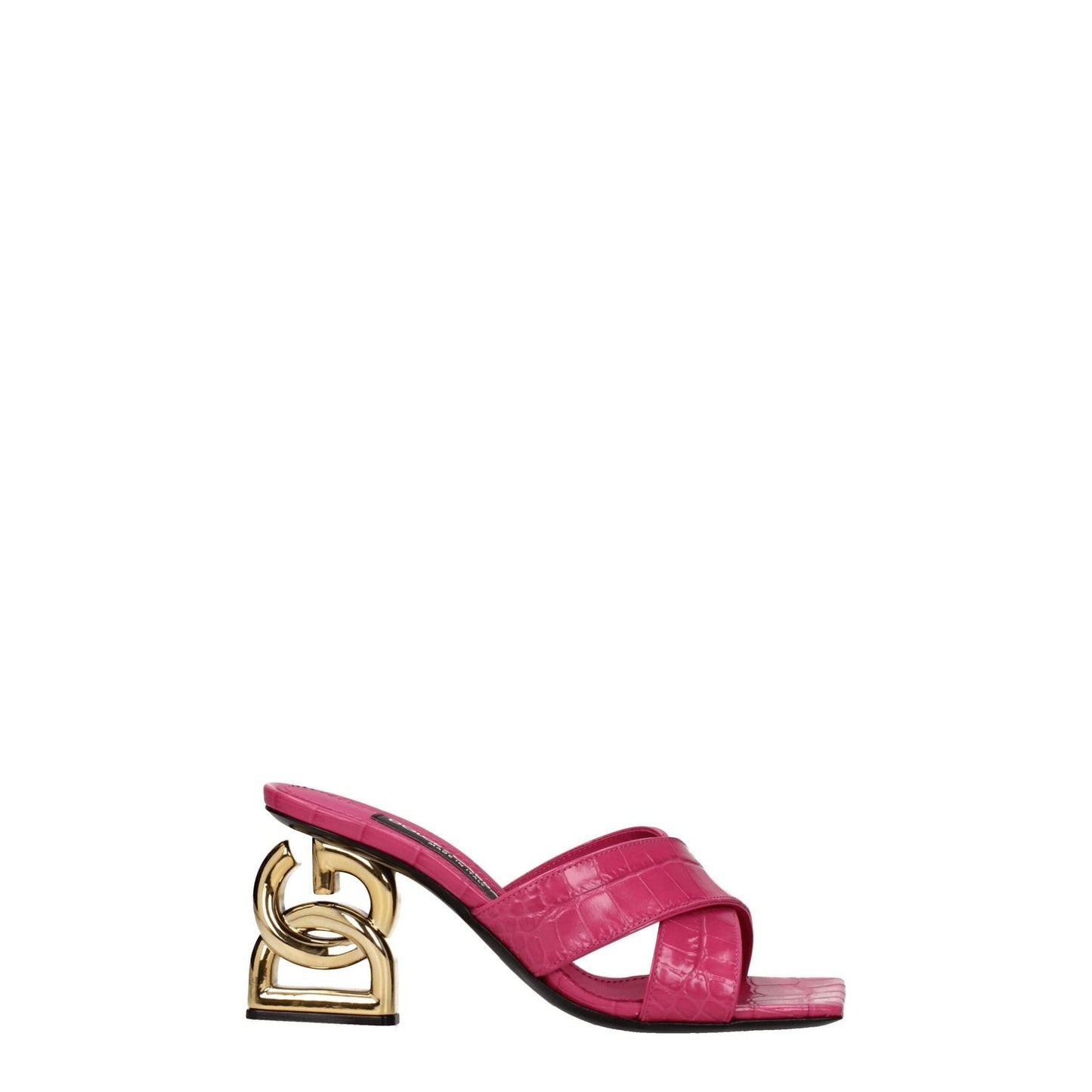 Dolce & Gabbana Pink Leather Platforms with open toe and gold mid heels, styled for a casual look, made from premium leather.