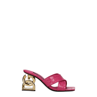 Dolce & Gabbana Pink Leather Platforms with open toe and gold mid heels, styled for a casual look, made from premium leather.