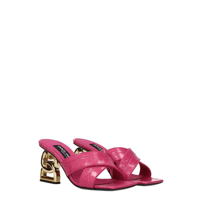 Dolce & Gabbana Pink Leather Platforms, casual open-toe mid heels, gold accents, side logo, pink leather sandals, MPN CR1377AH4818Z421