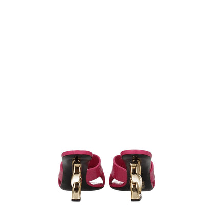 Back view of Dolce & Gabbana Pink Leather Platforms with gold mid heels, open toe, casual style, and cyclamen color detail.