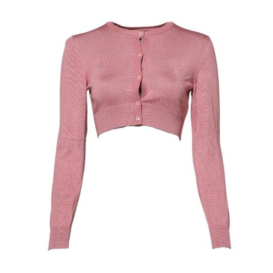 Dolce & Gabbana Pink Silk Cropped Crew Neck Cardigan Sweater with button front and logo detail.