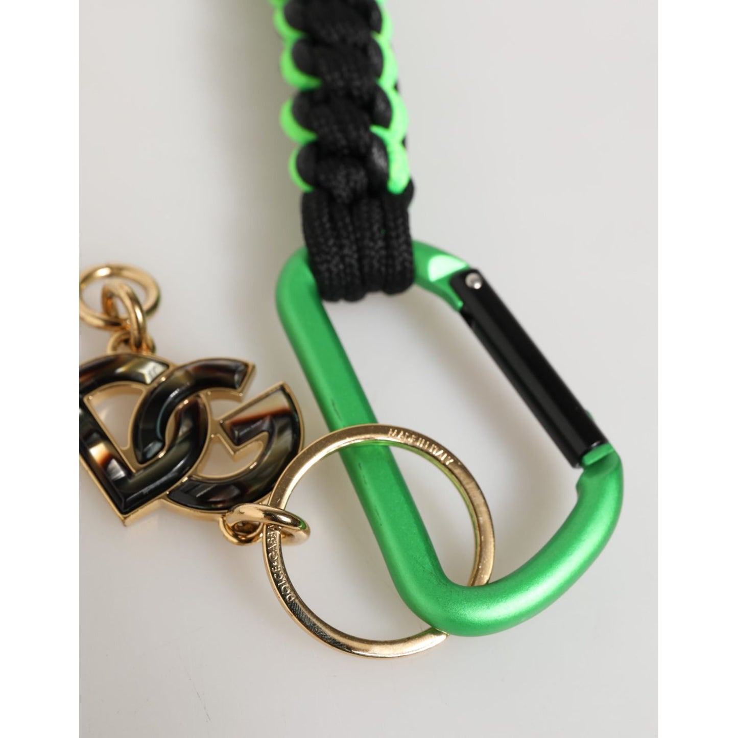 Dolce & Gabbana Polyester Multicolor Tape String DG Logo Keychain Keyring with metal hardware and green carabiner clip.