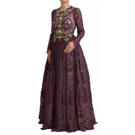 Dolce & Gabbana Purple Viscose Crystal A-Line Gown Dress with floral embroidery and multicolor applique design.