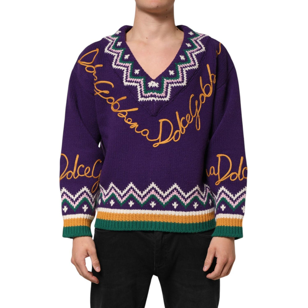 Dolce & Gabbana Purple Wool DG Logo Men Knit Pullover Sweater with crewneck design and iconic DG logo on front