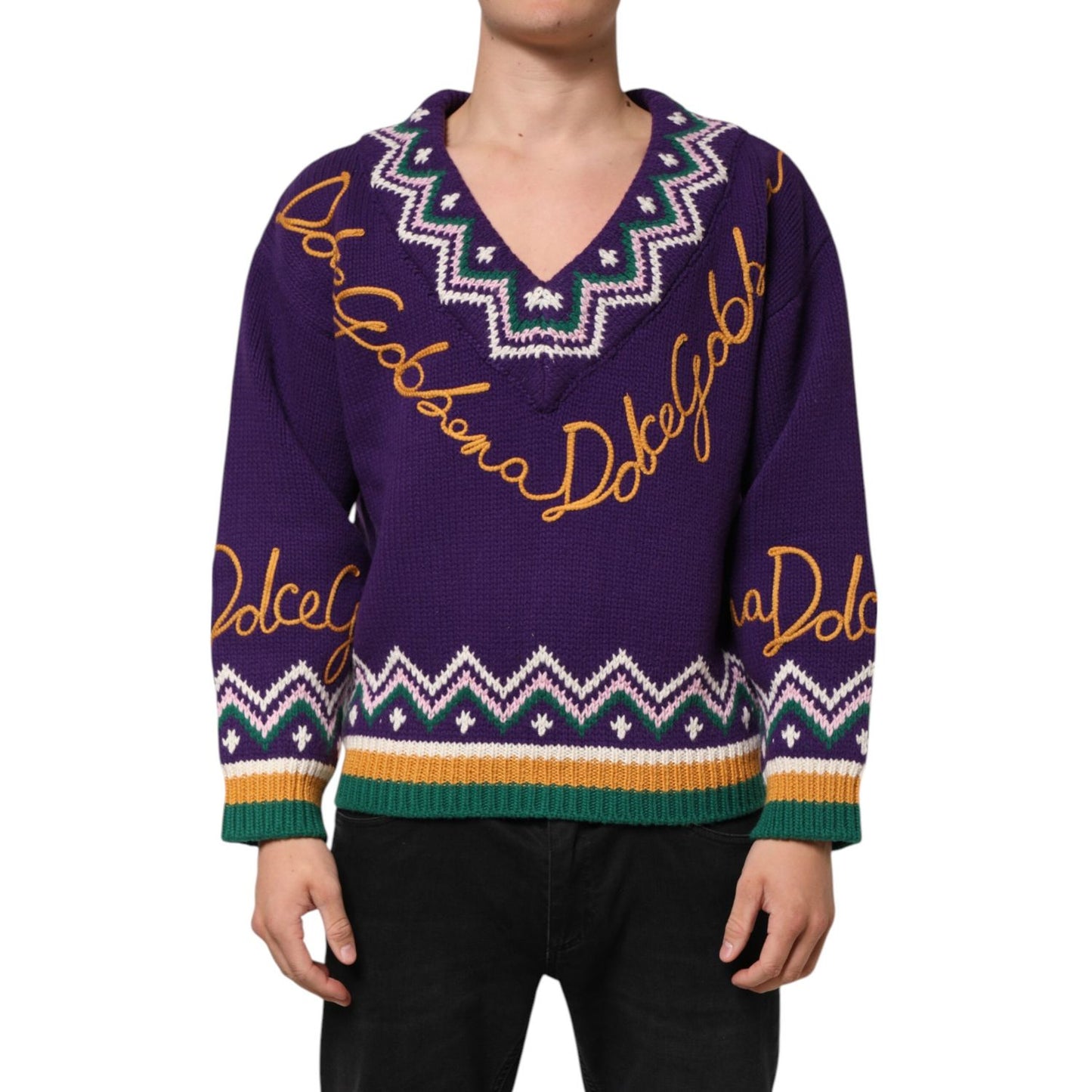 Man wearing Dolce & Gabbana Purple Wool DG Logo Men Knit Pullover Sweater
