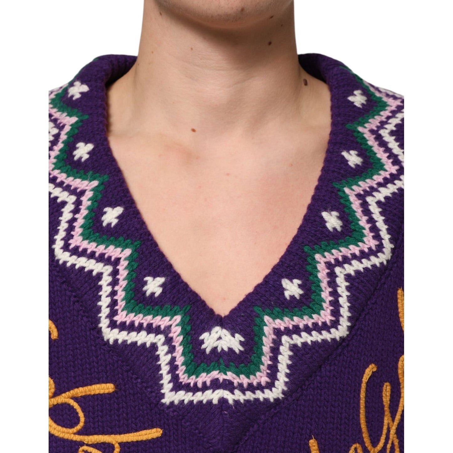 Dolce & Gabbana Purple Wool DG Logo Men Knit Pullover Sweater with embroidered design near neckline, close-up view.