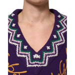 Dolce & Gabbana Purple Wool DG Logo Men Knit Pullover Sweater with embroidered design near neckline, close-up view.