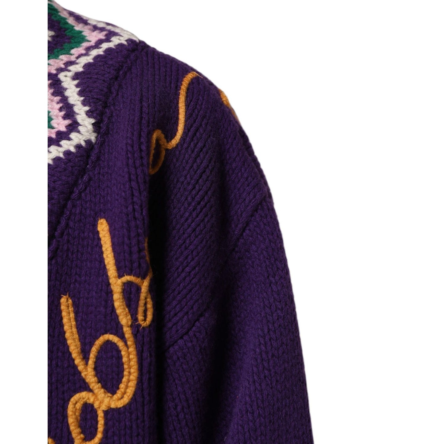 Dolce & Gabbana Purple Wool DG Logo Men Knit Pullover Sweater close-up of sleeve and knit design.
