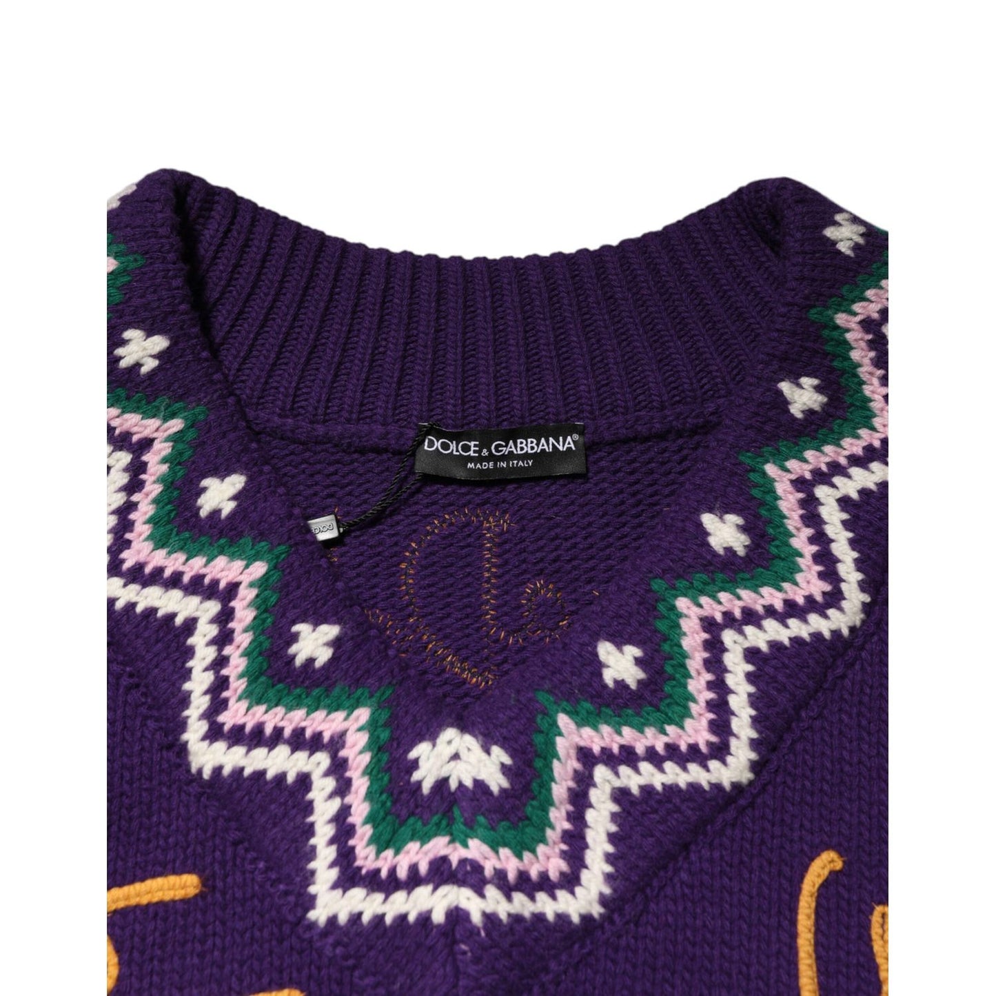 Close-up of Dolce & Gabbana Purple Wool DG Logo Men Knit Pullover Sweater showing collar and intricate knit pattern.