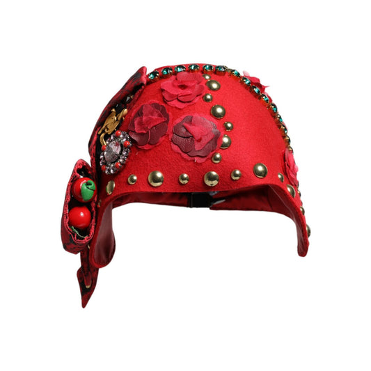 Dolce & Gabbana Red Crystal Gold Roses Brooch Embellished Hat 1728,67345645728,Accessories,Dolce & Gabbana,Hat - Women - Accessories,Hats - Accessories,Material: 60% Wool 13% Cotton 9% Viscose 8% Acetate 4% Polyester 4% Nylon 2% Silk,New with tags,Red,Sun