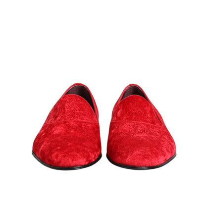 Dolce & Gabbana Red Jacquard Loafers Formal Men Dress Shoes with luxurious jacquard fabric, ideal for weddings and upscale events.