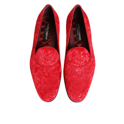 Dolce & Gabbana Red Jacquard Loafers Formal Men Dress Shoes with elegant jacquard pattern, perfect for weddings and upscale events.