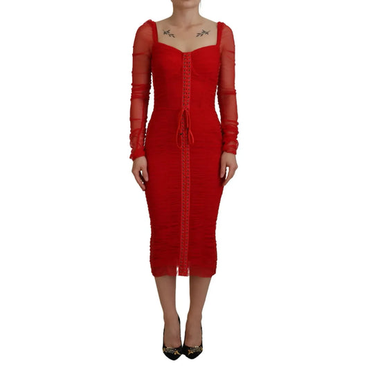 Dolce & Gabbana Red Mesh Trim Bodycon Sheath Midi Dress with long sleeves, zipper back, exclusive design, high craftsmanship.