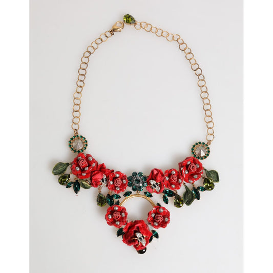 Dolce & Gabbana Red Rose Floral Crystal Embellished Statement Jewelry Necklace with intricate metallic leaf accents.